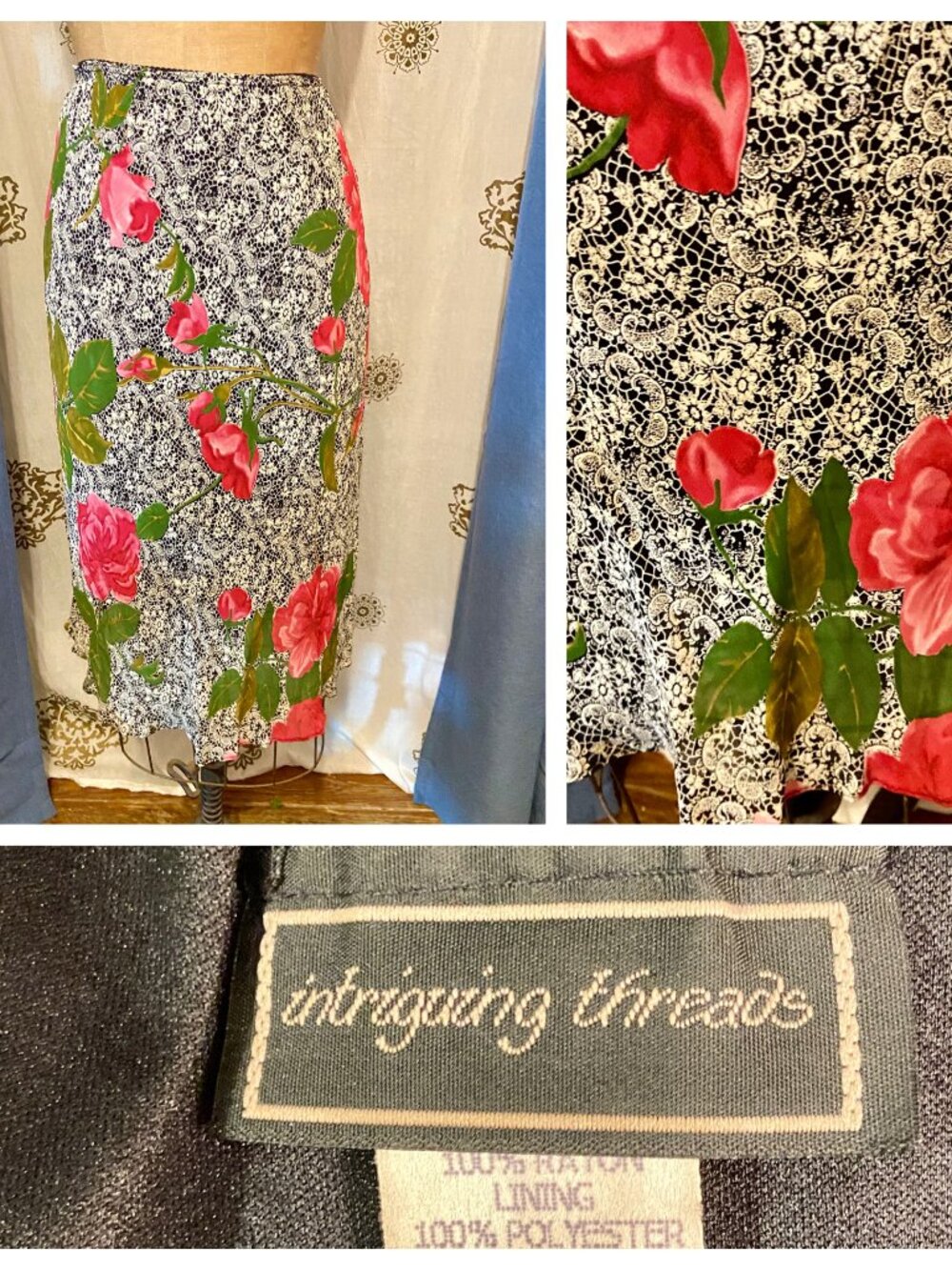 Vintage 90s INTRIGUING THREAD Black Floral Swing Skirt Bohemian Cottagecore Y2K